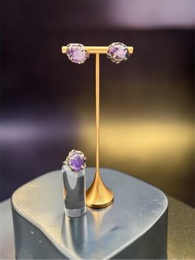 Sterling Silver Brutalist Amethyst Ring Sz 8.75 & Post Earrings Set Modernist